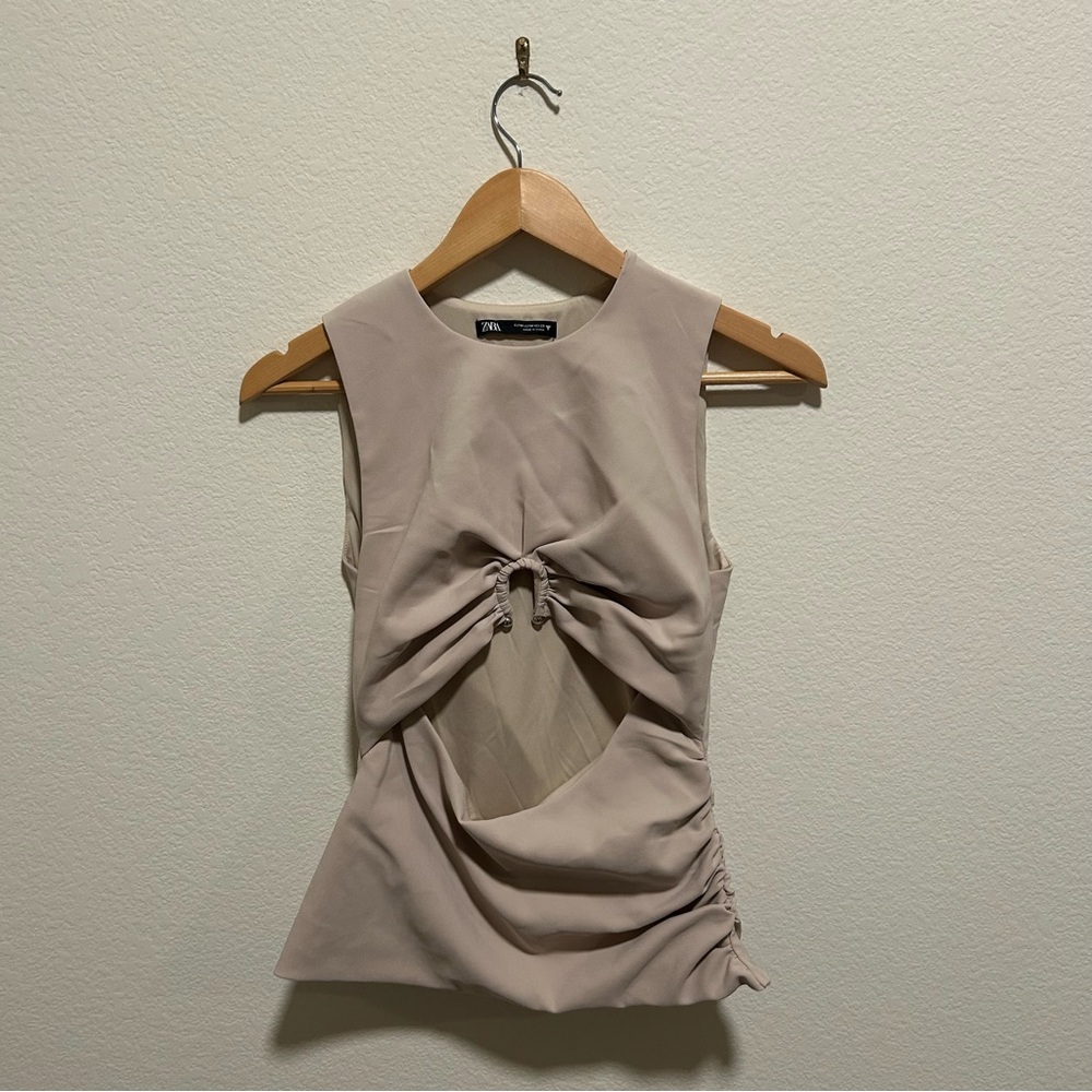 Zara Taupe Ruched cutout runway style Top